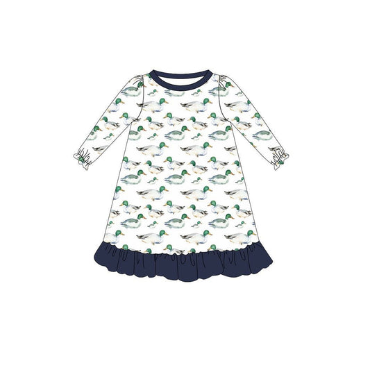 Preorder GLD1128 Duck Hunting Navy Blue Ruffle Long Sleeve Dress  Girls Boutique 202506