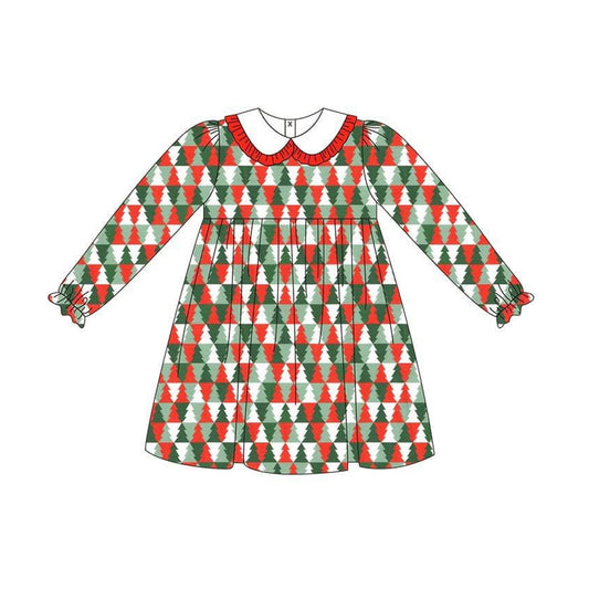 Preorder GLD1132 Santa Tree Red Ruffle Doll Collar Long Sleeve Dress  Girls Boutique 202506
