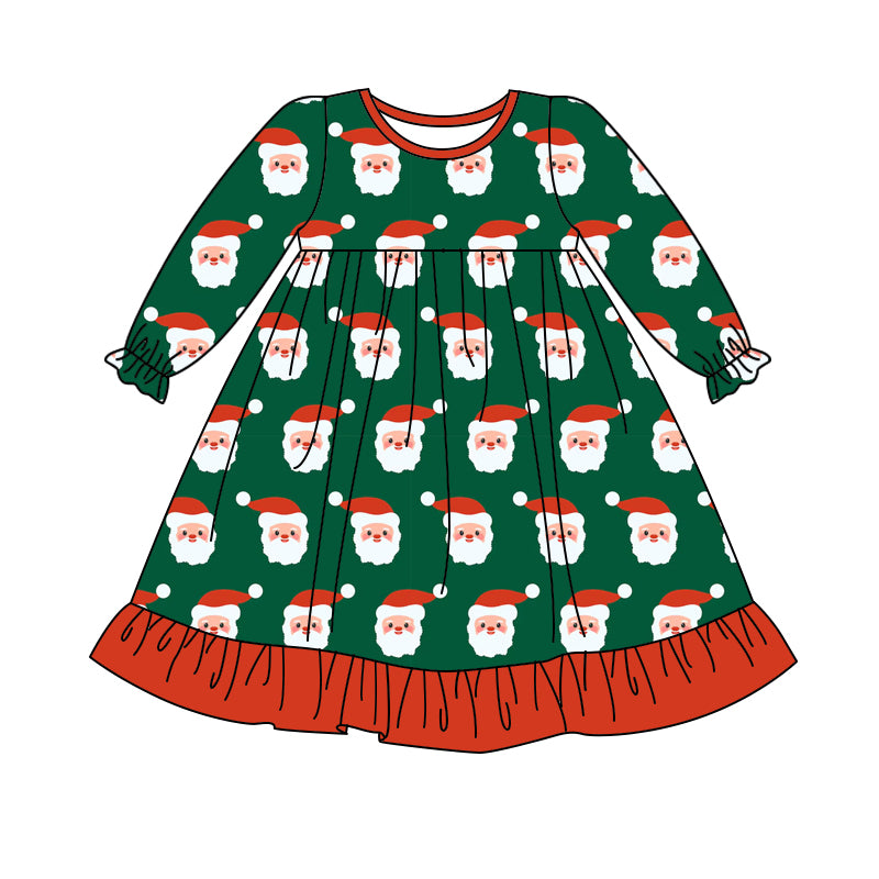Preorder GLD1140 Santa Claus Red Ruffle Green Long Sleeve Dress  Girls Boutique 202506