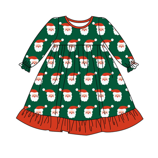 Preorder GLD1140 Santa Claus Red Ruffle Green Long Sleeve Dress  Girls Boutique 202506