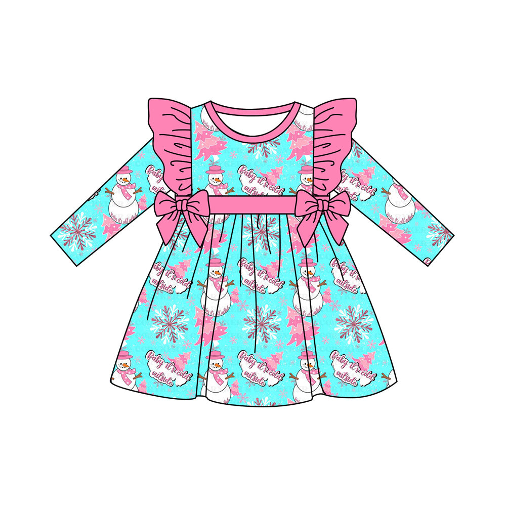 Preorder GLD1142 Snowman Rose Red Ruffle Bows Long Sleeve Dress  Girls Boutique 202506