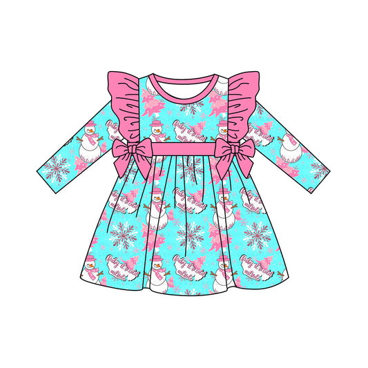 Preorder GLD1142 Snowman Rose Red Ruffle Bows Long Sleeve Dress  Girls Boutique 202506