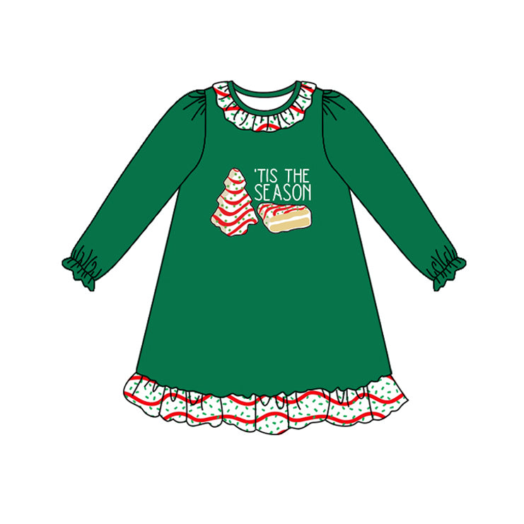 Preorder GLD1155 Christmas Tree Ruffle Green Long Sleeve Dress  Girls Boutique 202506