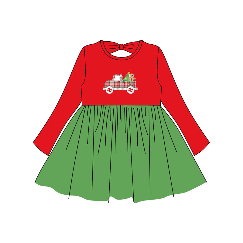 Preorder GLD1162 Christmas Gingerbread Man Truck Green Tulle Red Long Sleeve Dress Girls Boutique 202506