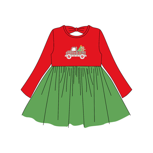 Preorder GLD1162 Christmas Gingerbread Man Truck Green Tulle Red Long Sleeve Dress Girls Boutique 202506