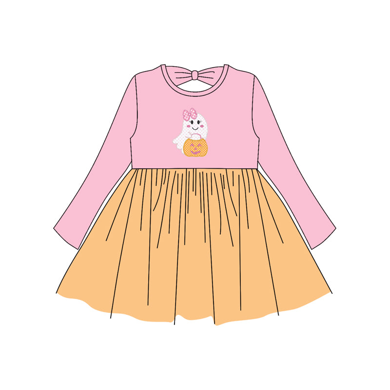 Preorder GLD1163 Halloween Ghost Pumpkin Orange Tulle Pink Long Sleeve Dress Girls Boutique 202506
