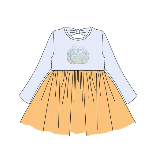 Preorder GLD1165 Bow Flower Pumpkin Orange Tulle Light Blue Long Sleeve Dress Girls Boutique 202506