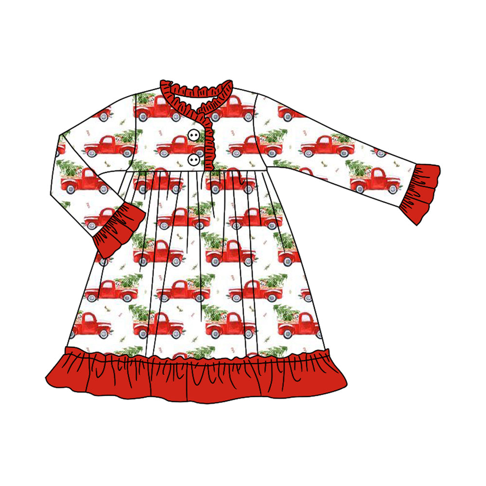 Preorder GLD1166 Christmas Trucks Tree Red Ruffle Long Sleeve Dress Girls Boutique 202506