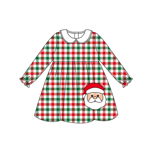 Preorder GLD1167 Christmas Santa Claus Red Green Plaid Doll Collar Long Sleeve Dress Girls Boutique 202506