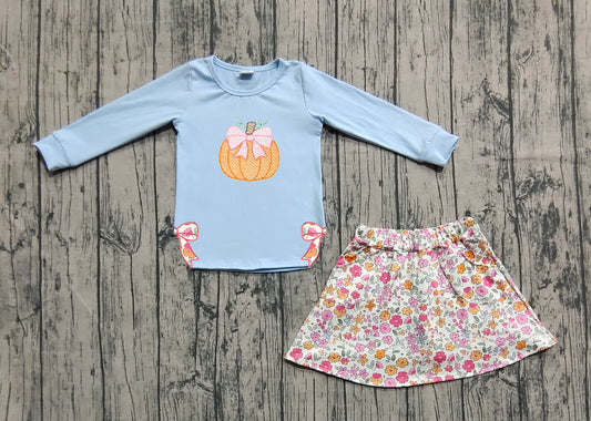 Preorder GLD1172 Embroidered Halloween Pumpkin Bow Blue Long Sleeve Flower Skirts Sets Girls Boutique 202506