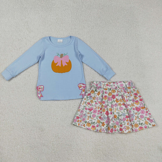 GLD1172 Embroidered Halloween Pumpkin Bow Blue Long Sleeve Flower Skirts Girls Sets 202508 RTS