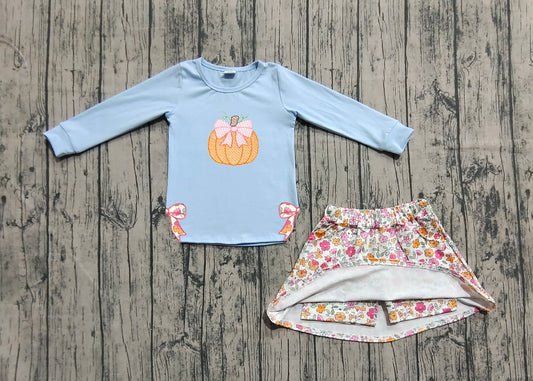 Preorder GLD1172 Embroidered Halloween Pumpkin Bow Blue Long Sleeve Flower Skirts Sets Girls Boutique 202506