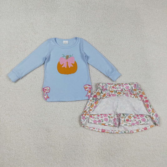 GLD1172 Embroidered Halloween Pumpkin Bow Blue Long Sleeve Flower Skirts Girls Sets 202508 RTS