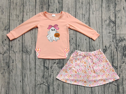 Preorder GLD1174 Embroidered Halloween Pumpkin Ghost Orange Long Sleeve Flower Skirts Sets Girls Boutique 202506