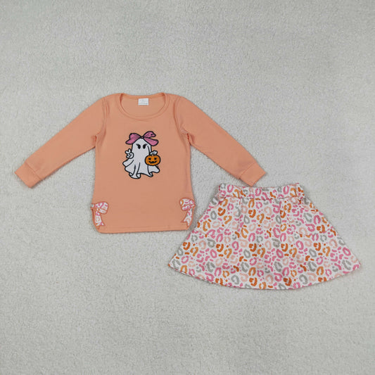 GLD1174 Embroidered Halloween Pumpkin Ghost Orange Long Sleeve Flower Skirts Girls Sets 202509 RTS
