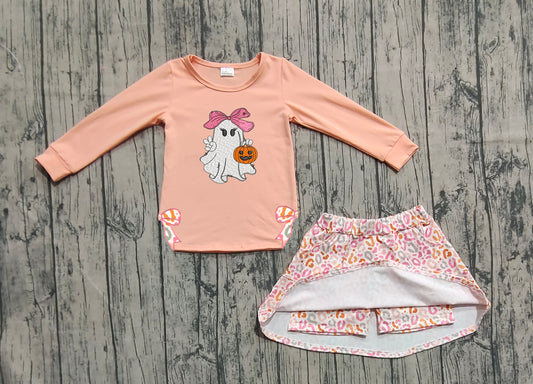 Preorder GLD1174 Embroidered Halloween Pumpkin Ghost Orange Long Sleeve Flower Skirts Sets Girls Boutique 202506