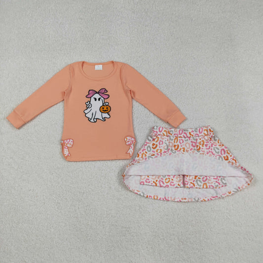 GLD1174 Embroidered Halloween Pumpkin Ghost Orange Long Sleeve Flower Skirts Girls Sets 202509 RTS