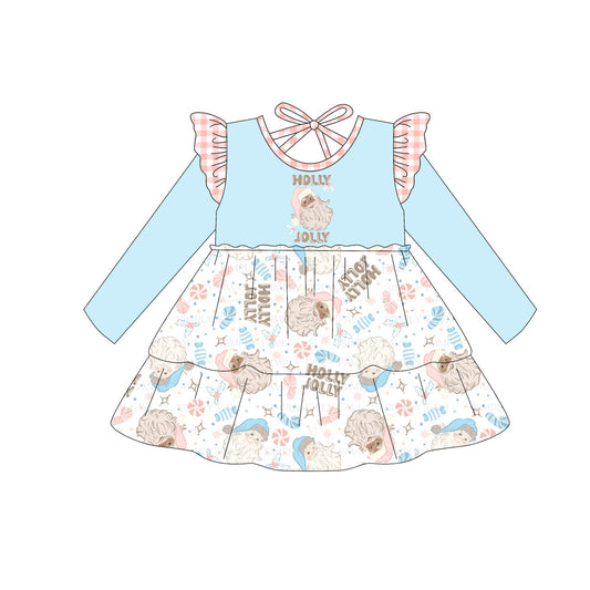 Preorder GLD1177 holly jolly Santa Claus Pink Plaid Ruffle Blue Long Sleeve Dress Girls Boutique 202506