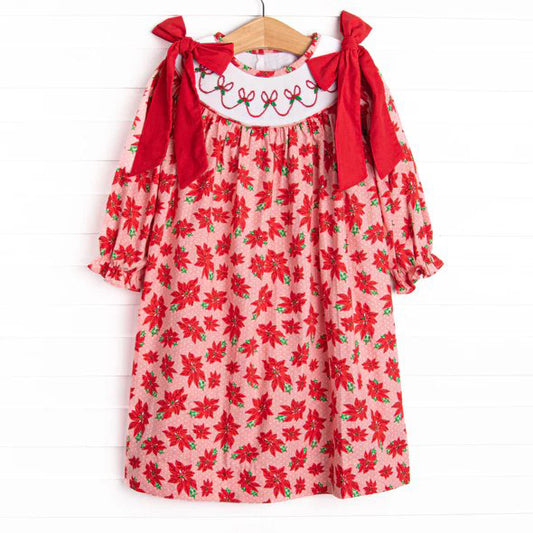 Preorder GLD1179 Leaf Bows Red Long Sleeve Dress Girls Boutique 202507