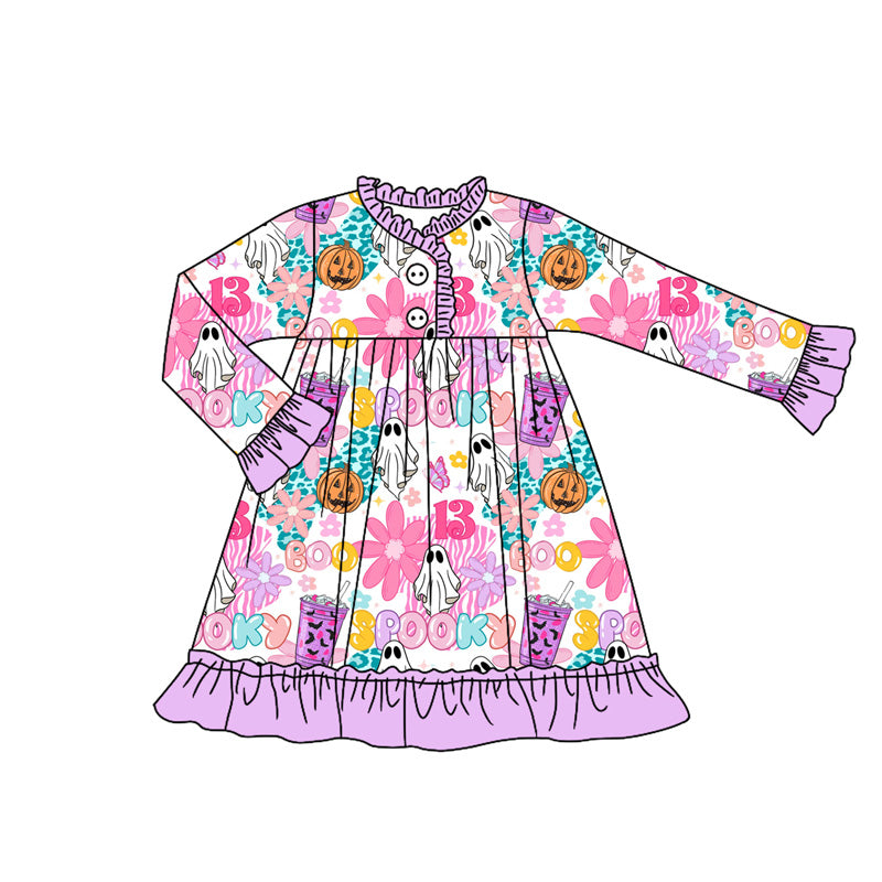Preorder GLD1181 Halloween Ghost Purple Ruffle Long Sleeve Dress Girls Boutique 202507