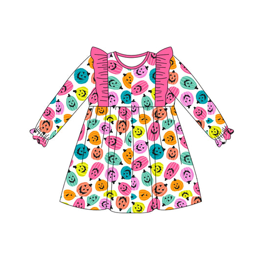 Preorder GLD1187 Halloween Pumpkin Rose Red Ruffle Long Sleeve Girls Dress 202507