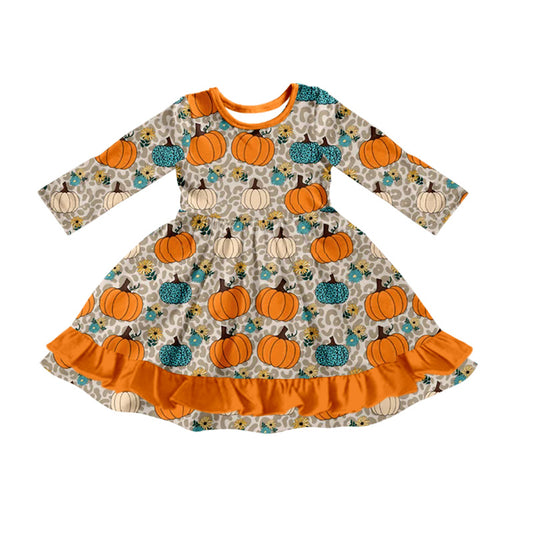 Preorder GLD1190 Pumpkin Flower Leopard O-Neck Orange Ruffle Long Sleeve Girls Dress 202507