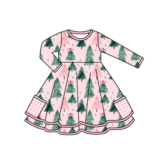 Preorder GLD1191 Christmas Tree Bows Plaid Pocket Pink Ruffle Long Sleeve Girls Dress 202507