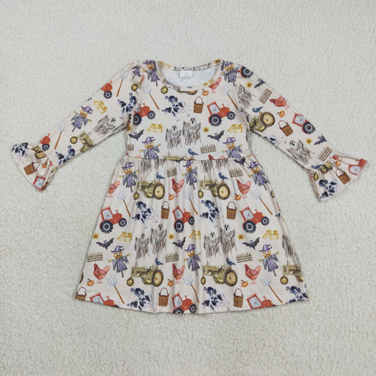 GLD1196 Halloween Ghost Farm Animals Beige Ruffle Long Sleeve Girls Dress 202508 RTS