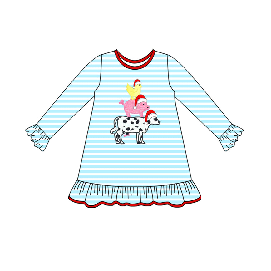 Preorder GLD1200 Sibling Christmas Farm Animals Blue Stripe Ruffle Long Sleeve Girls Dress 202507