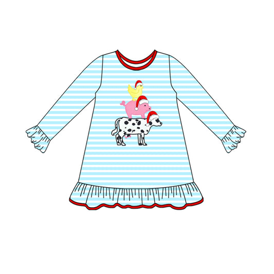 Preorder GLD1200 Sibling Christmas Farm Animals Blue Stripe Ruffle Long Sleeve Girls Dress 202507