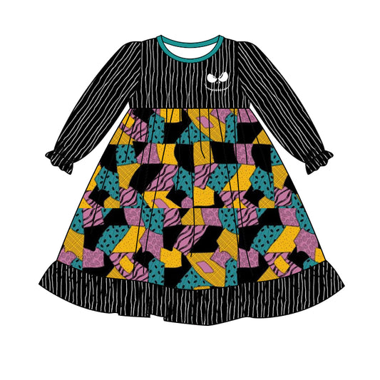 Preorder GLD1201 Halloween Ghost Black Stripe Ruffle Long Sleeve Girls Dress 202507