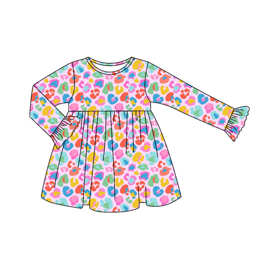 Preorder GLD1202 Colored Leopard Ruffle Pink Long Sleeve Girls Dress 202507