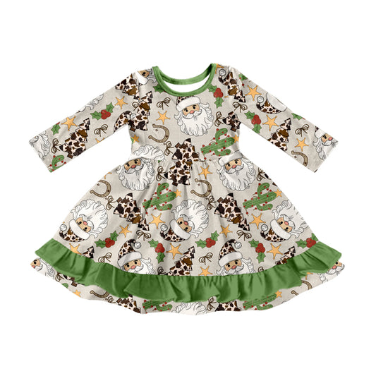 Preorder GLD1213 Christmas Claus Green O-Neck Ruffle Long Sleeve Girls Dress 202507