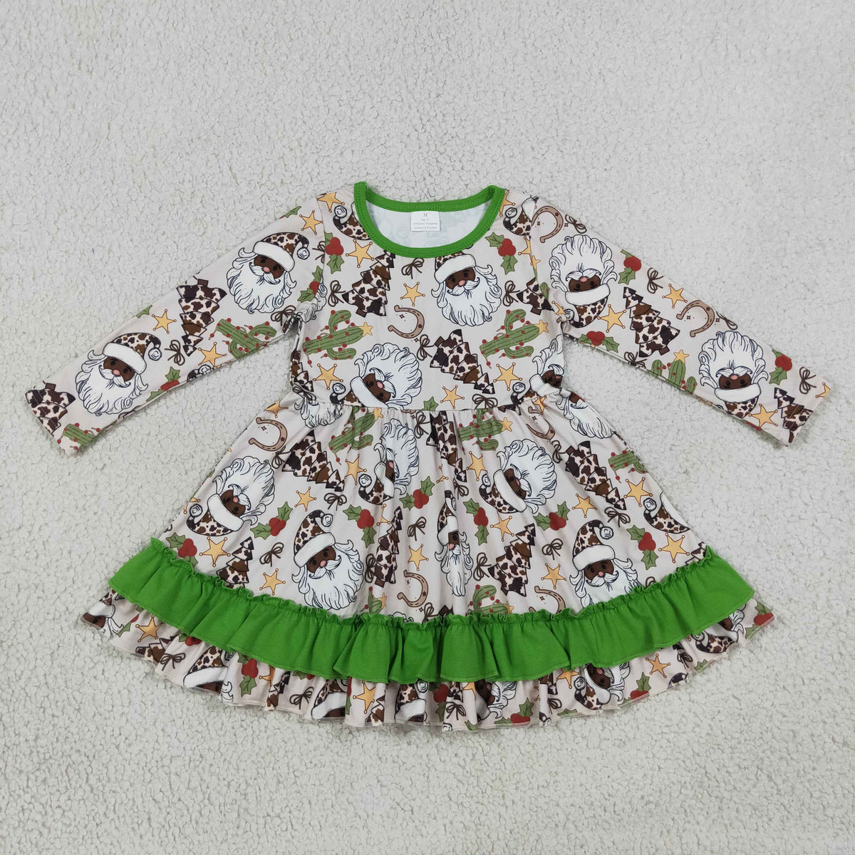 GLD1213 Christmas Cowboy Santa Cactus Ruffles Girl's Dress 202609 RTS