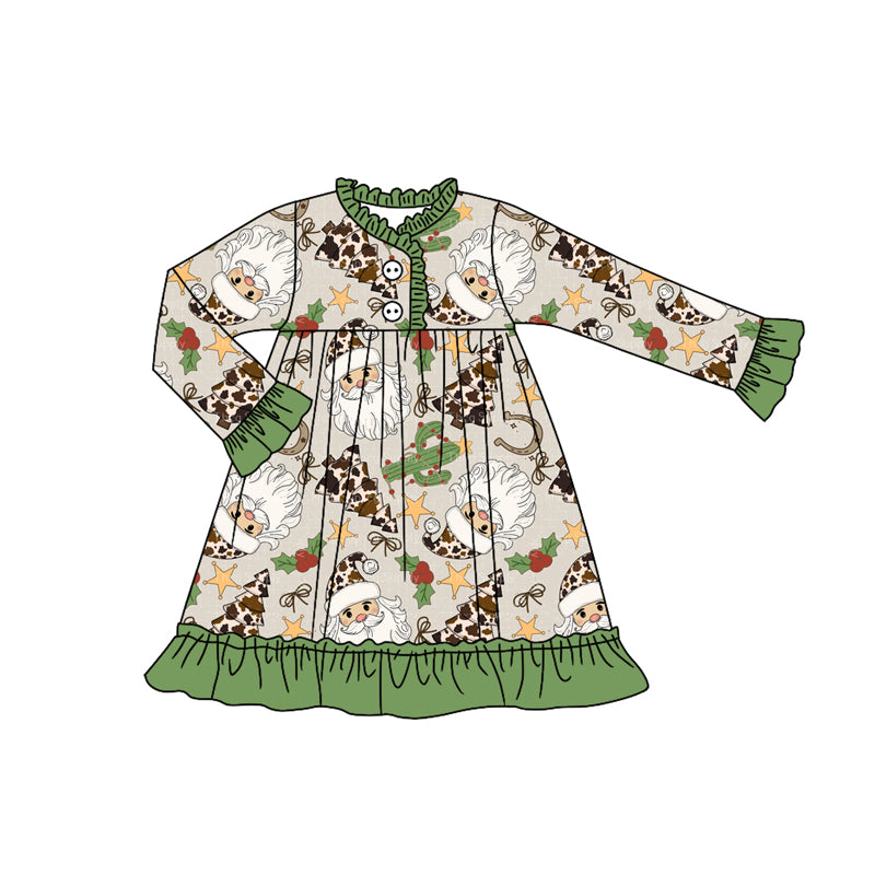 Preorder GLD1214 Christmas Claus Green Ruffle Long Sleeve Girls Dress 202507