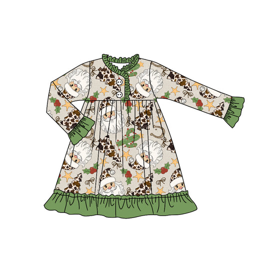 Preorder GLD1214 Christmas Claus Green Ruffle Long Sleeve Girls Dress 202507
