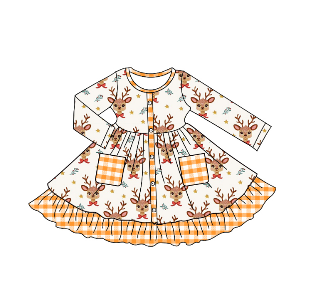 Preorder GLD1215 Christmas Deer Orange Plaid Pocket Ruffle Long Sleeve Girls Dress 202507