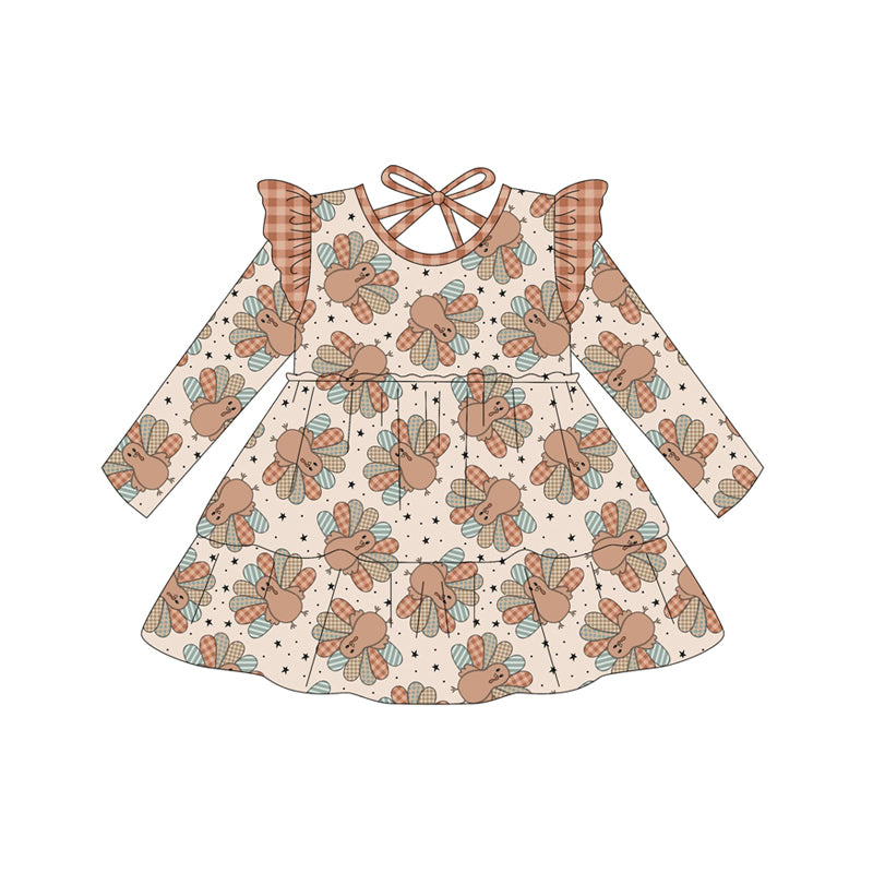 Preorder GLD1217 Turkey Star Plaid Ruffle Long Sleeve Girls Dress 202507