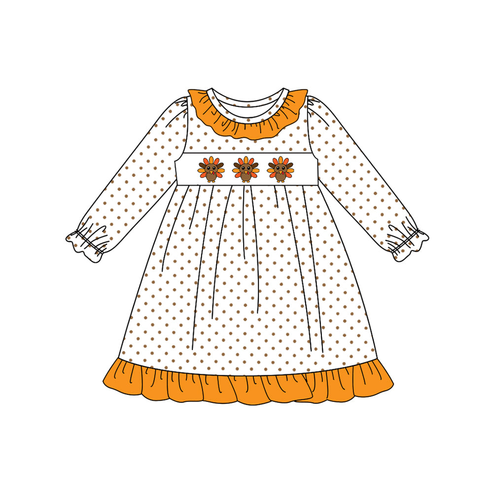 Preorder GLD1218 Turkey Dots Orange Ruffle Long Sleeve Girls Dress 202507