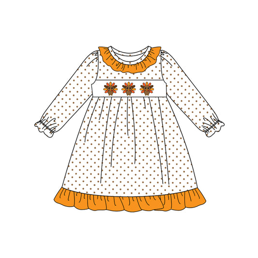 Preorder GLD1218 Turkey Dots Orange Ruffle Long Sleeve Girls Dress 202507