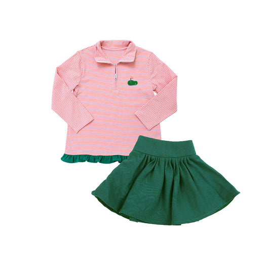 preorder  GLD1219 Golf Course Flag Pink Stripe Long-Sleeved Green Skirts Girl Set 202507