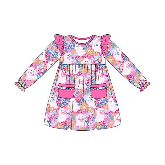 Preorder GLD1222 Halloween Ghost Floral Bows Pocket Rose Red Ruffle Long Sleeve Girls Dress 202507