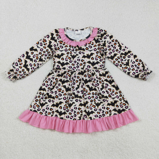 GLD1224 Leopard Bats Pattern Pink Ruffle Long Sleeve Dresses for Girls  202509 RTS