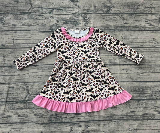 Preorder GLD1224 Leopard Bats Pattern Pink Ruffle Long Sleeve Dresses for Girls  202507