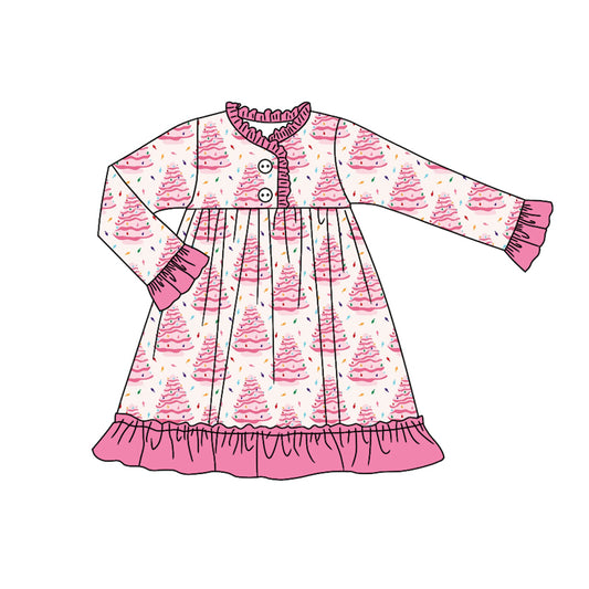 Preorder GLD1225 Christmas Santa Tree Rose Red Ruffle Long Sleeve Dresses for Girls  202507