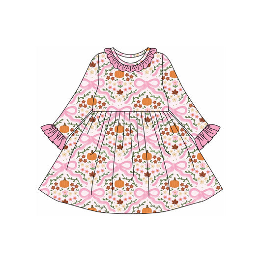 Preorder GLD1226 Halloween Bows Pumpkin Pink Ruffle Long Sleeve Dresses for Girls  202507