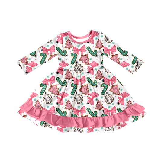 Preorder GLD1228 Christmas Bows Cane Pink Ruffle O-Neck Long Sleeve Dresses for Girls  202507