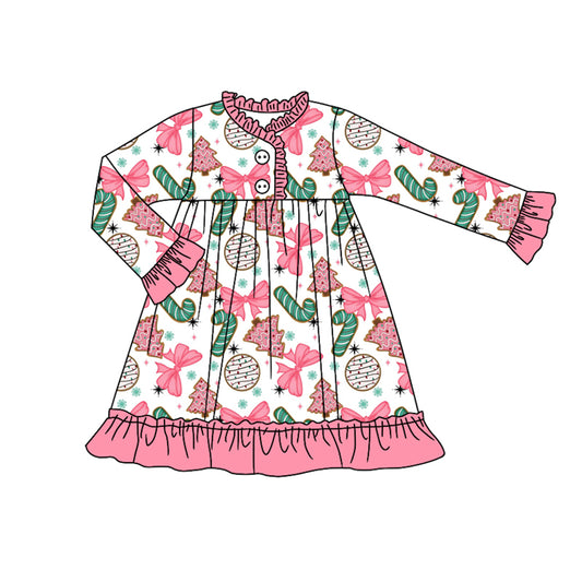 Preorder GLD1229 Christmas Bows Cane Pink Ruffle Long Sleeve Dresses for Girls  202507