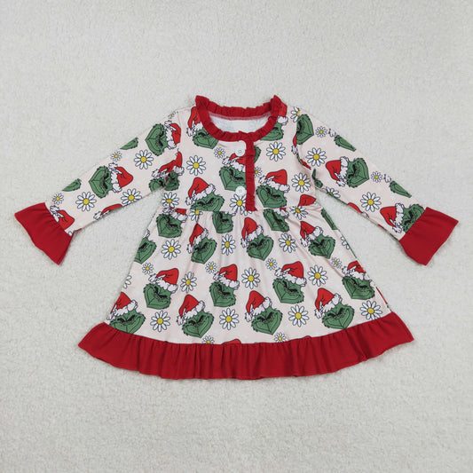 GLD1230 Christmas Grinch Red Ruffle Long Sleeve Dresses for Girls  202508 RTS