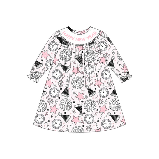 Preorder GLD1231 Happy New Year Ruffle Long Sleeve Dresses for Girls  202507